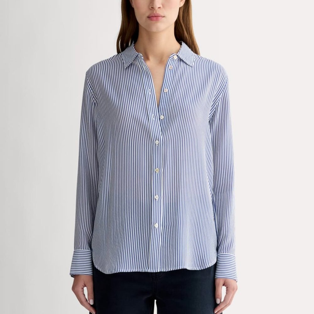 Everlane Women's Must-Have Shirt in Washable Silk Blouse in Blue/White, Size 0